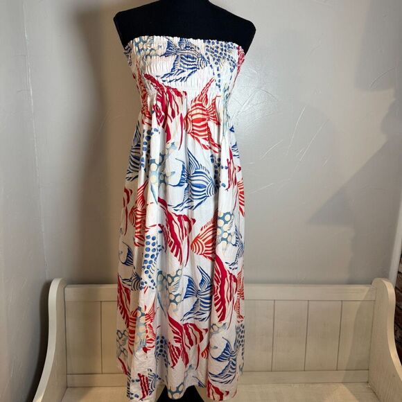 Loft Sleeveless Smocked Sundress Skirt Size XS Fish Vacation Resort Travel - Picture 1 of 14